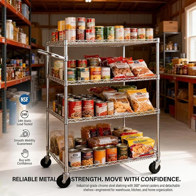 Finnhomy 4 Tier Heavy Duty Commercial Grade Rolling Cart with Handle Bar, Metal Wire Utility Cart with Wheels, Kitchen Service Trolley on Wheels, Shelf Size 18" D x 36" W, NSF, Chrome
