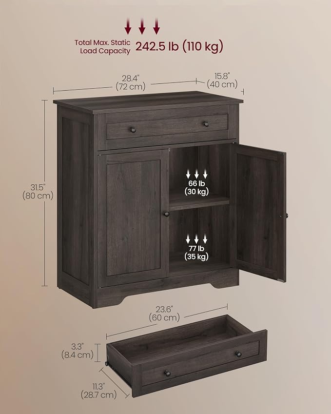 VASAGLE Siren Collection - Buffet Cabinet, Farmhouse Coffee Bar Cabinet with Drawer,Adjustable Shelf, Double Doors, Sideboard, 15.8 x 28.4 x 31.5 Inches, Taupe Brown ULSC521TA01S