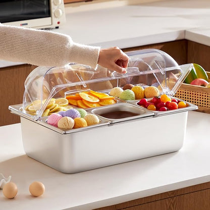VEVOR Countertop Food Serving Display Container, 6 Pan Stainless Steel Food Serving Tray, Buffet Condiment Dispenser Display Rack with Clear Lid & 3 Freezer Boxes, for Restaurant Hotel Kitchen Party