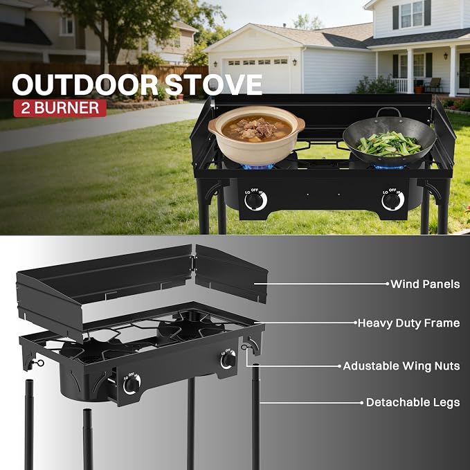2 Burner Propane Camp Stove | 150,000 BTU | High Pressure Gas Burners | CSA Certified | Windscreen | Waterproof Cover | Detachable Legs | Ideal for Camping Tailgating Backyard Outdoor Cooking