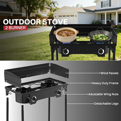 2 Burner Propane Camp Stove | 150,000 BTU | High Pressure Gas Burners | CSA Certified | Windscreen | Waterproof Cover | Detachable Legs | Ideal for Camping Tailgating Backyard Outdoor Cooking