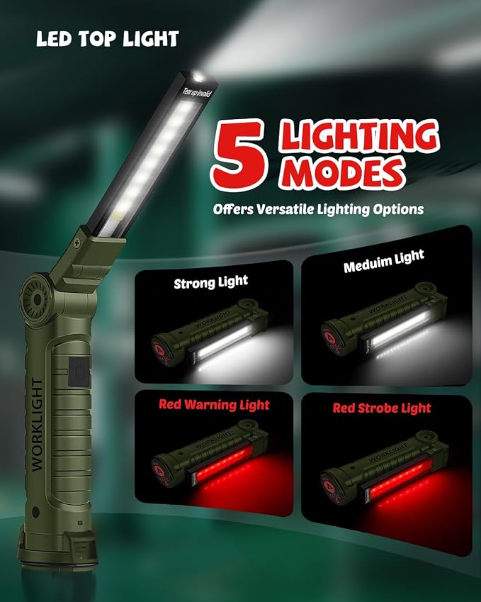 Coquimbo Tool Gifts for Men Him, Rechargeable LED Work Light, 2 Pack Green | Grill Light, Flashlight, Magnetic Base and Hook, 5 Modes 360° Rotate, Mechanic Light, Dad Husband Mens Birthday Gifts