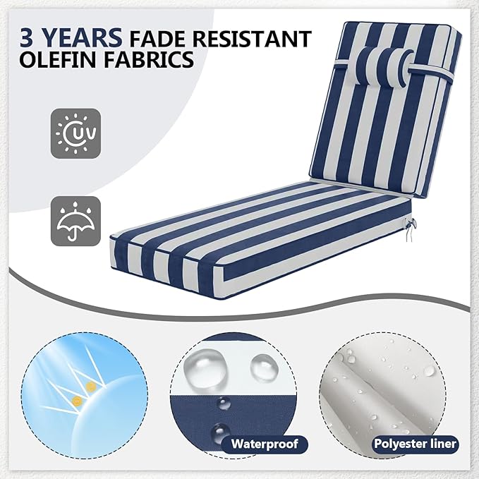 72 x 21 x 4 Inch Olefin Chaise Lounge Cushions, Lounge Chair Cushions with Headrest for Outdoor Furniture - Weather and Fade Resistant Patio Replacement Furniture Lounge Chair Cushion