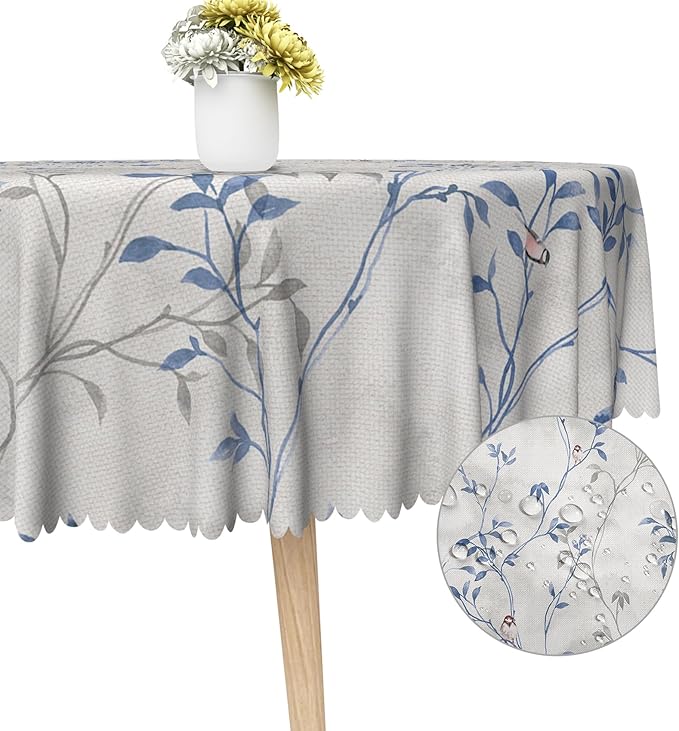 Blue Gray Floral Round Tablecloths 70x70 Inch Plants Birds Decoration Table Cloth for Seasonal Decors Watercolor Oil Proof Spill Proof Wipeable Table Cloths for Indoor Outdoor Use