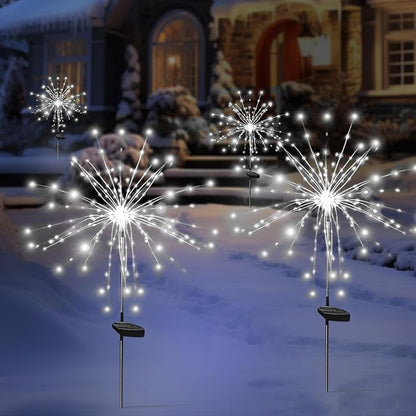 Christmas Solar Garden Firework Lights Outdoor Waterproof, 6 Pack Solar Powered Art Stake Twinkle Lighting for Outside Decor, 120 LED Sparklers String Lights for Yard Pathway Decorations (White)