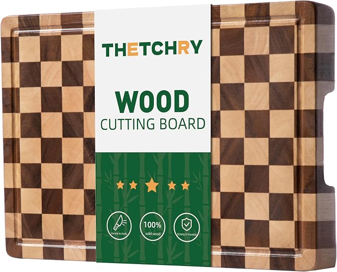 Cutting Boards for Kitchen, Checkered Wooden Cutting Board | 14"x11" Walnut End Grain Chopping Board with Juice Groove & Handle, Serving Tray for Prep Meat, Bread & Fruit