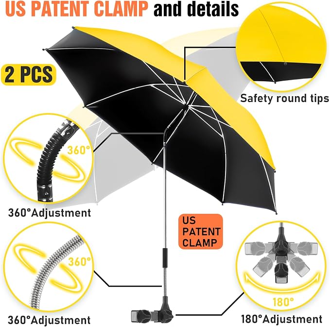 2 PACK Beach Umbrella with Clamp, 360 ° Adjustable Umbrellas for Chair, UPF50+ Umbrella for Beach Chair, Patio Chair, Wheelchair, Camping Chair, Golf Carts (Chair Not Included)