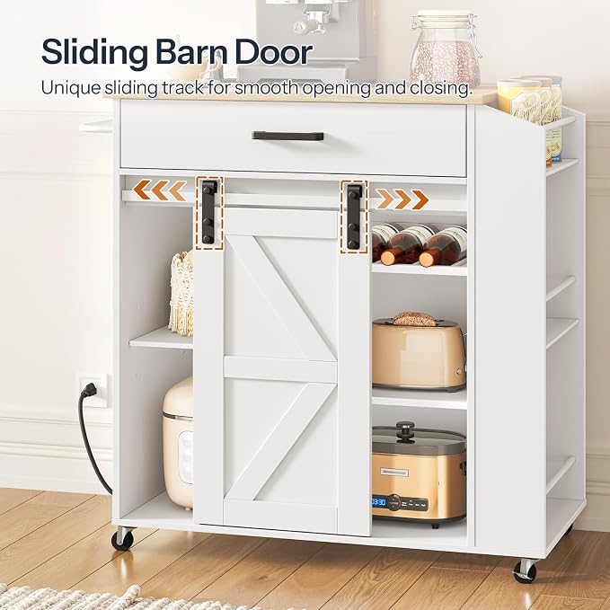 HOOBRO Kitchen Island on Wheels, Rolling Island Cart with Power Outlet, Kitchen Storage Table with Sliding Barn Doors, 1 Drawer and Spice Rack, for Home, Dining Room, White WN60UZD01