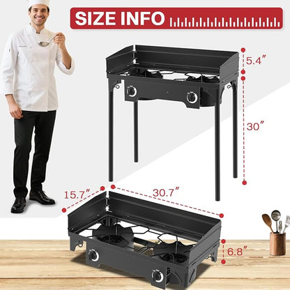 2 Burner Propane Camp Stove | 150,000 BTU | High Pressure Gas Burners | CSA Certified | Windscreen | Waterproof Cover | Detachable Legs | Ideal for Camping Tailgating Backyard Outdoor Cooking