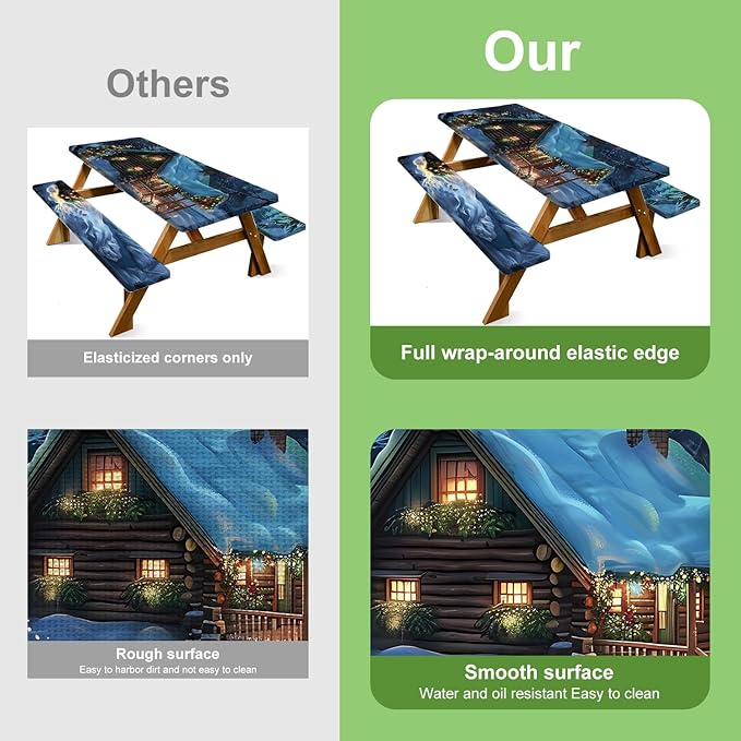 Christmas Picnic Table Cover with Bench Cover, Outdoor Picnic Table Elastic Tablecloth, Green Santa Claus and Reindeer Design, Camping, Barbecue and Holiday Party Tablecloth