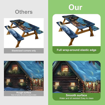 Christmas Picnic Table Cover with Bench Cover, Outdoor Picnic Table Elastic Tablecloth, Green Santa Claus and Reindeer Design, Camping, Barbecue and Holiday Party Tablecloth