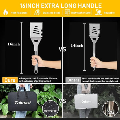 34Pcs Grill Accessories Grilling Gifts for Men, 16 Inches Heavy Duty BBQ Accessories, Stainless Steel BBQ Tools with Thermometer, Grill Mats for Backyard, BBQ Set for Men Women