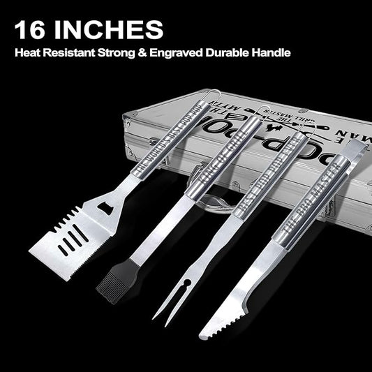 Pop Pop Gifts, Poppop Gifts from Grandkids Fathers Day Heavy Duty Grilling Accessories Kit for Backyard BBQ, Thick Stainless Steel Grill Utensils with Non-Slip Handle Tool Grilling Gift for Man
