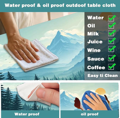 Picnic Table Cover with Bench Covers and Bag, Forest Mountain Sunset Camping Tablecloth, Waterproof Windproof Oilproof Elastic Edges Fitted Tables Cover for Indoor Outdoor 3PCS 30x72 Inch (Green)