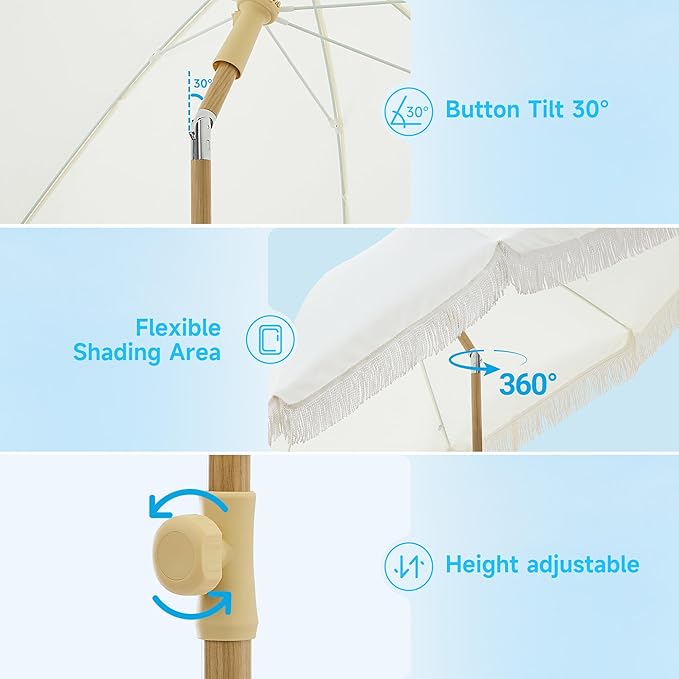 7FT Boho Patio Umberlla with Fringe,UPF50+ Outdoor Umbrella with Fiberglass Ribs and Push Button Tilt,Tassels Umbrella for Beach,Terrace,Picnic
