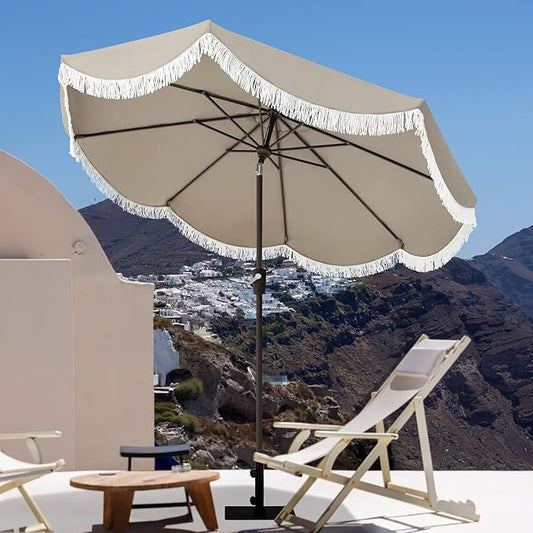 Tempera 9ft Auto Tilt Scalloped Patio Umbrellas with Fringe, Outdoor Table Umbrellas with Fade Resistant Canopy, 8 Sturdy Rids, Luxurious Vintage Umbrellas for Lawn, Pool, Deck, Balcony