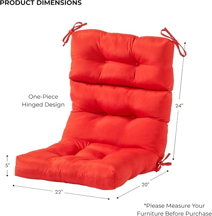 Outdoor Tufted High-Back Chair Cushions, One-Piece Hinged Seat and Back Design, Reversible with 4 Ties, Durable Polyester Fabric, Recycled Fiber Fill - Set of 2, Salsa Red