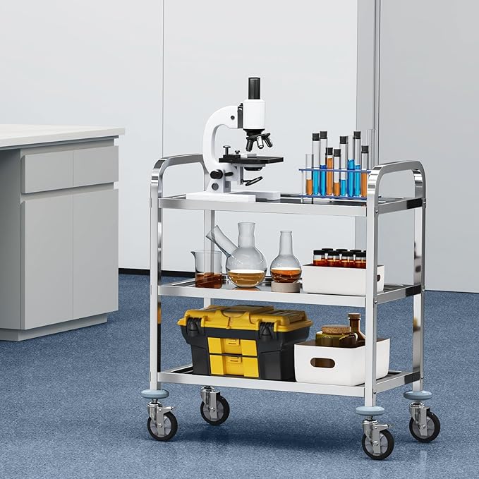 VEVOR Stainless Steel Cart, 3 Layers Lab Utility Cart 220 lbs Weight Capacity, Medical Cart with Lockable Universal Wheels, for Lab, Clinic, Kitchen, Salon