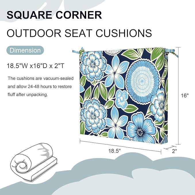 DYTXIII Set of 4 Outdoor Chair Cushions, Water Resistant 18.5"x16"x2" Square Seat Cushion for Patio Dining Chairs, High-Density Replacement Pads for Indoor Outdoor Furniture - Azure Symphony‌