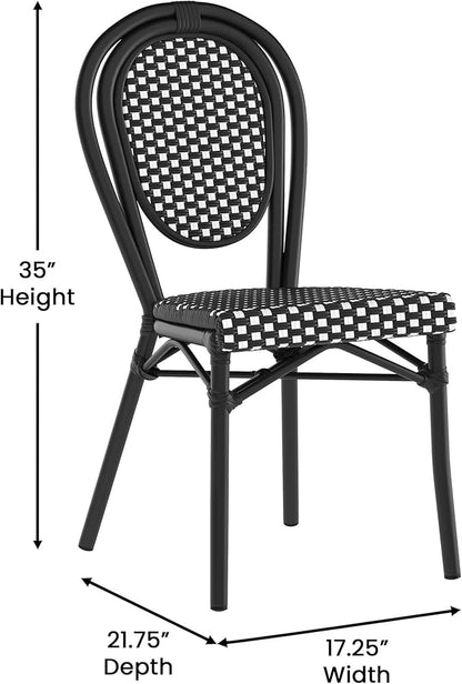 Flash Furniture Lourdes Indoor/Outdoor Commercial Thonet Bistro Stack Chair - Black/White PE Rattan Back and Seat - Black Metal Frame - Set of 2