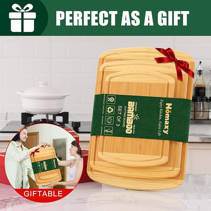 Homaxy Bamboo Cutting Boards for Kitchen Set of 3, Wood Cutting Board Set with Juice Groove, Wooden Butcher Block Chopping Board Set for Kitchen, Meat, Cheese, Fruit & Vegetables - Pre Oiled, Two-Tone