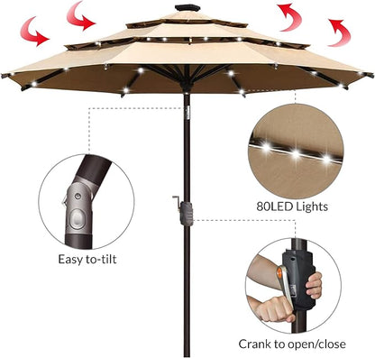 EliteShade USA 10-Year-Non-Fading 9ft 3-Tier Market Patio Umbrella, Commercial Table Umbrella with 80 Solar LED Lights, Crank Open, Windproof & UPF 50+ UV Protection for Garden, Deck, Pool, Backyard, Heather Beige