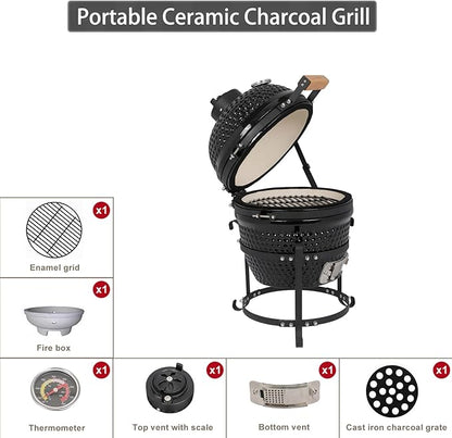 13" Ceramic Grill Round Portable Charcoal Barbecue Grills with Thermometer, Compact BBQ Grill for Garden Backyard Party Picnic Hiking Travel Outdoor Cooking Use, Easy to Assemble, Black