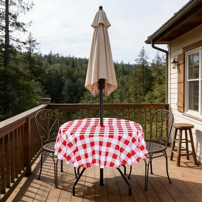 Poise3EHome Round Outdoor Tablecloth with Umbrella Hole and Zipper,Red and White Gingham 70 Inch,SpillProof Washable Table Cloth for Spring Summer Patio Garden Poolside Picnic Camping BBQS