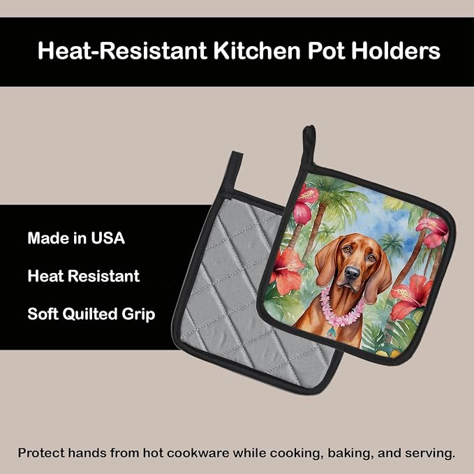 Caroline's Treasures Redbone Coonhound Luau Pair of Pot Holders Kitchen Heat Resistant Pot Holders Sets Oven Hot Pads for Cooking Baking BBQ, 7 1/2 x 7 1/2