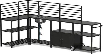 Vikiullf Aluminum Modular Outdoor Kitchen Island with Stainless Steel Sink, Movable Cart and Storage Cabinet, for Backyard BBQ, Porch Party (Black Corner)