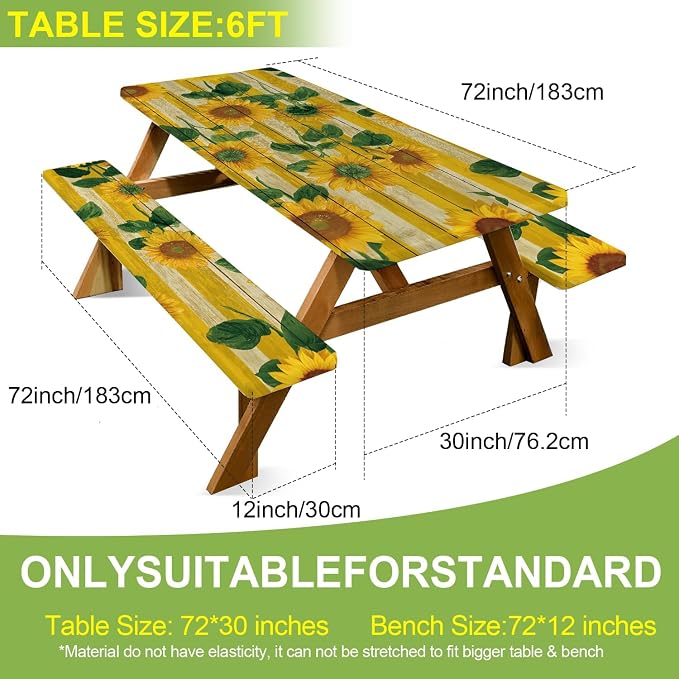 FOREVER QUEEN Picnic Table Cover with Bench Covers – Waterproof Elastic Fitted Tablecloth for 6 Foot Rectangle Tables, 3PCS Set with Drawstring Bag for Camping RV Outdoor Travel (Spring Sunflowers)