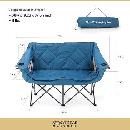 ARROWHEAD OUTDOOR Portable Folding Double Duo Camping Chair Loveseat | 2 Cup & Wine Glass Holder, Heavy-Duty Carrying Bag, Padded Seats & Armrests, Supports up to 500lbs, Beach, Tailgating, Patio