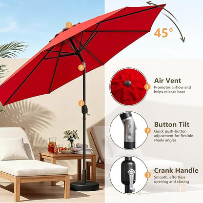 9FT Patio Umbrella,Outdoor Table Umbrella with Push Button Tilt & Crank,Pool Umbrella with Fade-Resistant Canopy, Heavy-Duty Steel Frame, Vented Top, for Deck, Backyard & Market
