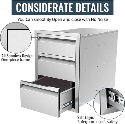 Outdoor Kitchen Drawer 18 x 24 x 23 inch Flush Mount BBQ Triple Layer Drawer, Durable Stainless Steel Kitchen Outdoor Kitchen Access Drawer for BBQ Island Patio