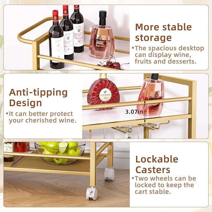 Joaxswe Bar Cart w/Wheels,2 Tier Home Bar Serving Cart,Flowing Gold | Rolling Beverage Cart w/ Wine Rack and Glass Holder,Modern Wine Cart w/ Storage Shelves for Kitchen, Living Room,Dinning Room
