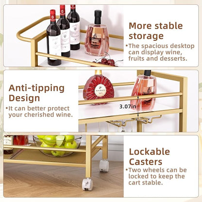 Joaxswe Bar Cart w/Wheels,2 Tier Home Bar Serving Cart,Flowing Gold | Rolling Beverage Cart w/ Wine Rack and Glass Holder,Modern Wine Cart w/ Storage Shelves for Kitchen, Living Room,Dinning Room