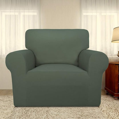 PureFit Stretch Chair Covers Fleece Couch Covers for Sofa Grayish Green | 1-Piece Spandex Couch Cover Soft Couch Protector, Sofa Cover Washable with Non Skid Foam and Elastic Bottom for Kids, Dogs