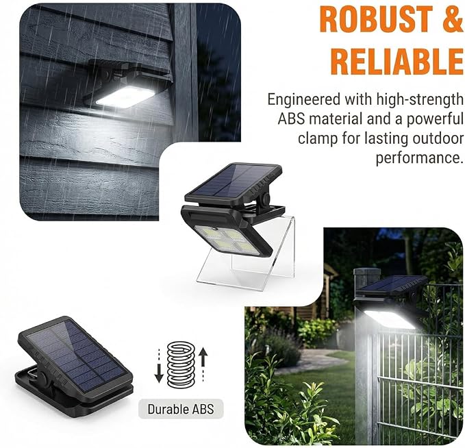 Solar Clip on Lights Outdoor Waterproof, 3 Modes Motion Sensor Security Light with Wide Angle Illumination, Portable Solar Powered Clamp Light for Fence, Patio Umbrella, Gutter, Deck (A-4Pcs)