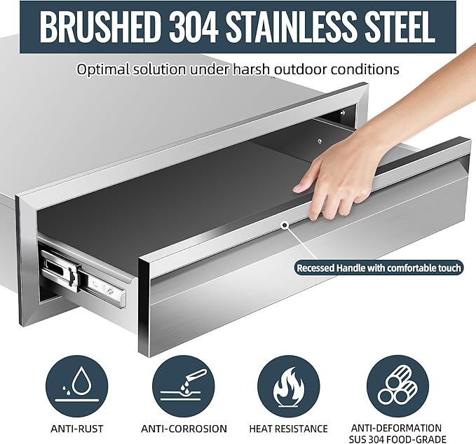 Outdoor Kitchen Drawer 24 x 6.5 x 23 inch Flush Mount BBQ Layer Drawer, Durable Stainless Steel Kitchen Drawer Outdoor Kitchen Access Drawer for BBQ Island Patio