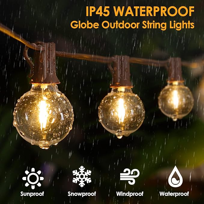 100Ft(2x50Ft) Outdoor String Lights, G40 Globe Patio Lights with 50+4 Waterproof LED Hanging Plastic Bulbs for Cafe Balcony Party-Brown Wire