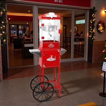 Popcorn Machine with Cart, 10 Oz Kettle, Mobile Popcorn Maker for 64 Cups per Batch, Nostalgia Professional Cart with Simple One-Touch & 3 Spoons, Movie Night Supplies for Home, Black
