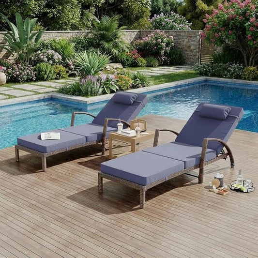 GAOMON Outdoor Lounge Chairs Set of 2, PE Rattan Wicker Chaise Lounge with Cushions and Wheels, Adjustable 5-Position, Patio Lounge Chairs for Outside Poolside Beach, Backyard Relaxation