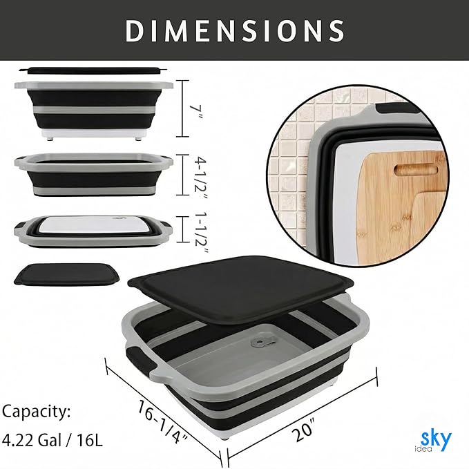 Collapsible BBQ Prep Tub with Lid - XL 4.22 GAL Folding Cutting Board & Food Basin for Outdoor Cooking, Marinating Container, Space Saving Prep Station (Black)