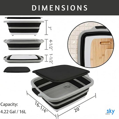Collapsible BBQ Prep Tub with Lid - XL 4.22 GAL Folding Cutting Board & Food Basin for Outdoor Cooking, Marinating Container, Space Saving Prep Station (Black)