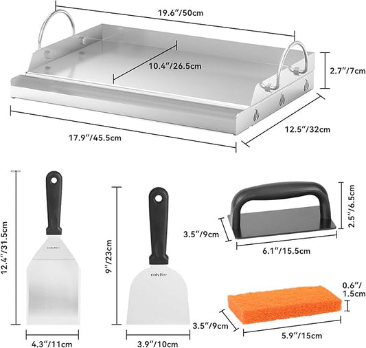 Onlyfire Griddle and Cooking Tool Kit, 18"×12.5" Outdoor Flat Top Griddle Plate with BBQ Scraper, Spatula and Scouring Pad for Gas and Charcoal Grills