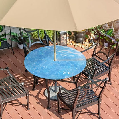 Fitted Round Tablecloth with Umbrella Hole and Zipper Ocean Outdoor Elastic Polyester Table Cloth 45"-56" Oil-Proof Waterproof Blue Water Patio Table Cover for Picnic Party