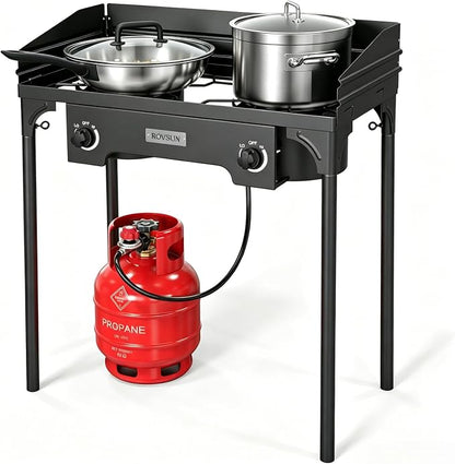 ROVSUN 2 Burner Outdoor Camping Stove with Wind Panel, 150,000 BTU Propane Burner, Gas Cooker with Detachable Legs & CSA Regulator for Home Camp Paito Cooking Frying Canning