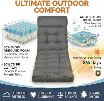 MAGIC ELEPHANT Chaise Lounge Cushion Outdoor, Memory Foam Replacement Patio Pool Lounge Chair Cushion with Ties for Outdoor Furniture, 74 x 22 x 4 Inch (Gray)