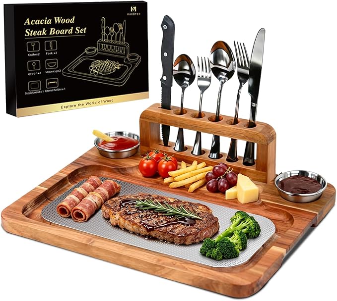 Acacia Wood Steak Board Set,16.5" Magnetic Charcuterie Board with Stainless Steel Scratch-Proof Cutting Surface Wooden Serving Platter with Cutlery & Sauce Cup for BBQ Dinner Party Housewarming Gift