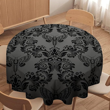 Black Damask Round Tablecloth Gothic Vintage Floral Skull Exotic Moth Antique Table Cloth Water Resistant Wipeable Table Cover for Farmhouse Party Holiday Kitchen Dinner Table 36"